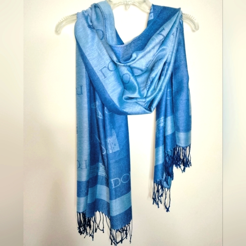 London Print (Blue) 100% Viscose Fringe Trim Neck Scarf (NWT)